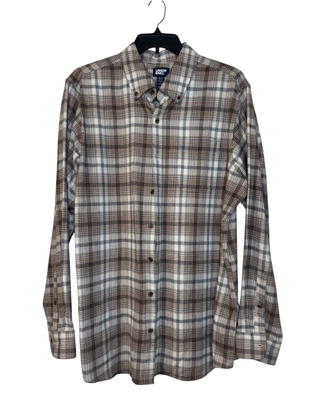 Lands' End Men’s Brown and Cream Plaid Flagship Flannel Shirt. Size XLT